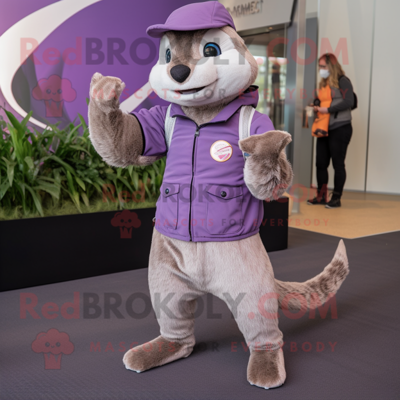 Lavender Mongoose mascot costume character dressed with a Chinos and Gloves