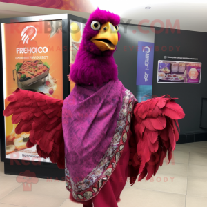 Magenta Tandoori Chicken mascot costume character dressed with a T-Shirt and Shawls