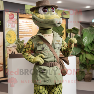 Olive Python mascot costume character dressed with a Corduroy Pants and Lapel pins