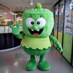 Green Cupcake mascot costume character dressed with a Bodysuit and Coin purses
