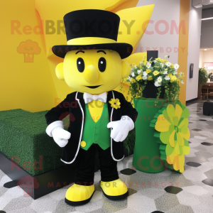 Yellow Bunch Of Shamrocks mascot costume character dressed with a Tuxedo and Caps