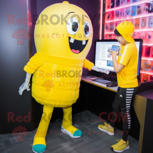 Yellow Jellyfish mascot costume character dressed with a Jeggings and Digital watches