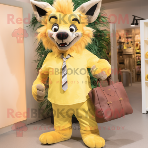 Yellow Hyena mascot costume character dressed with a Poplin Shirt and Handbags