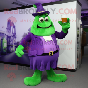 Purple Green Beer mascot costume character dressed with a Trousers and Shoe clips