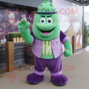 Purple Green Beer mascot costume character dressed with a Trousers and Shoe clips