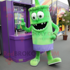 Purple Green Beer mascot costume character dressed with a Trousers and Shoe clips