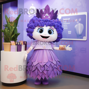 Lavender Queen mascot costume character dressed with a Pleated Skirt and Wallets
