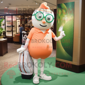 Peach Golf Bag mascot costume character dressed with a V-Neck Tee and Eyeglasses