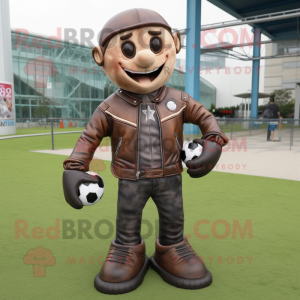 Brown Soccer Goal mascot costume character dressed with a Leather Jacket and Shoe laces