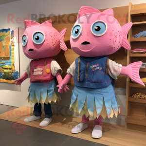 Pink Fish Tacos mascot costume character dressed with a Chambray Shirt and Clutch bags