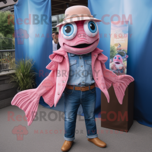 Pink Fish Tacos mascot costume character dressed with a Chambray Shirt and Clutch bags