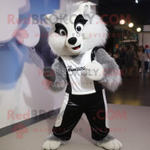 Silver Skunk mascot costume character dressed with a Shorts and Lapel pins