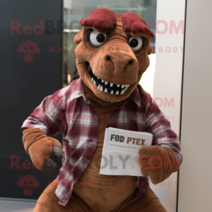 Rust T Rex mascot costume character dressed with a Flannel Shirt and Reading glasses