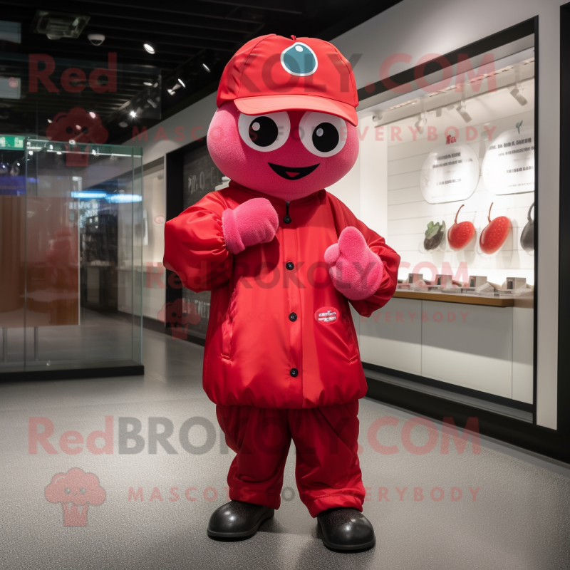 Red Plum mascot costume character dressed with a Windbreaker and Berets