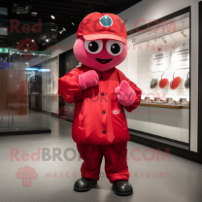 Red Plum mascot costume character dressed with a Windbreaker and Berets