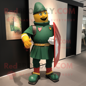 Green Swiss Guard mascot costume character dressed with a Dungarees and Shoe clips