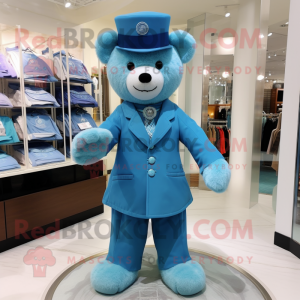 Cyan Teddy Bear mascot costume character dressed with a Dress and Lapel pins