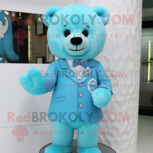 Cyan Teddy Bear mascot costume character dressed with a Dress and Lapel pins