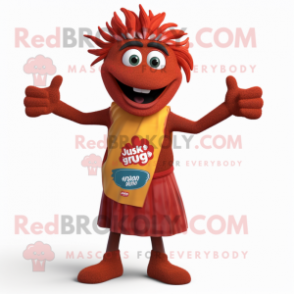 Red Tikka Masala mascot costume character dressed with a Vest and Bracelets