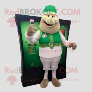 Beige Green Beer mascot costume character dressed with a Cocktail Dress and Digital watches