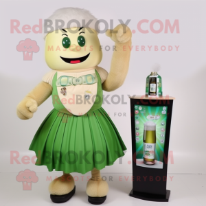 Beige Green Beer mascot costume character dressed with a Cocktail Dress and Digital watches