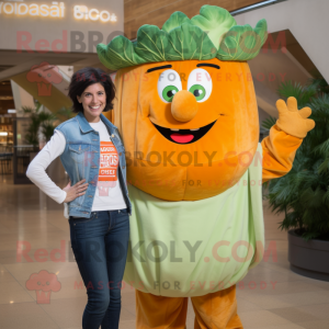 Orange Caesar Salad mascot costume character dressed with a Mom Jeans and Hair clips