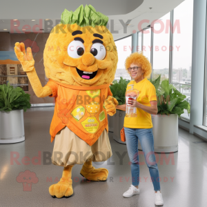 Orange Caesar Salad mascot costume character dressed with a Mom Jeans and Hair clips