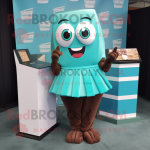 Turquoise Chocolate Bar mascot costume character dressed with a Pleated Skirt and Coin purses