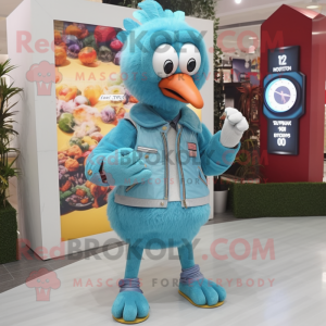 Sky Blue Turkey mascot costume character dressed with a Cardigan and Digital watches