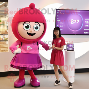 Magenta Miso Soup mascot costume character dressed with a Mini Skirt and Smartwatches