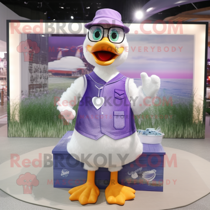 Lavender Geese mascot costume character dressed with a Tank Top and Eyeglasses