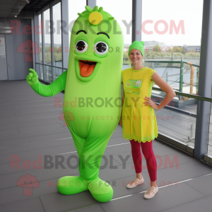 Lime Green Currywurst mascot costume character dressed with a Romper and Hairpins