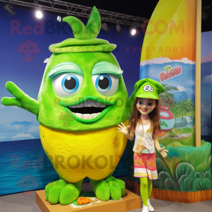 Lime Green Ceviche mascot costume character dressed with a Bikini and Watches