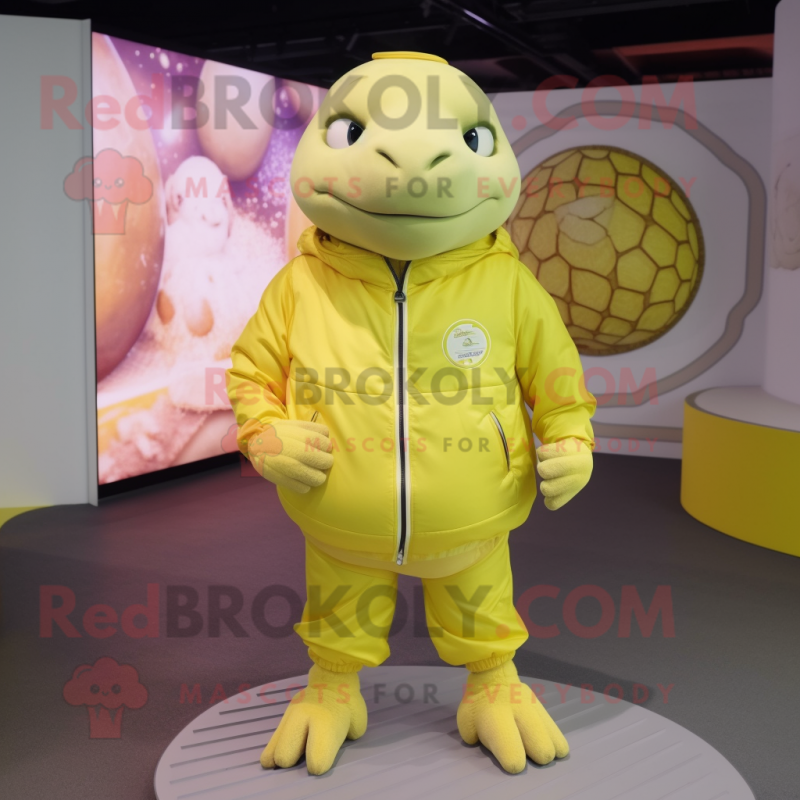 Lemon Yellow Glyptodon mascot costume character dressed with a Windbreaker and Anklets