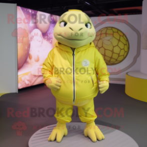 Lemon Yellow Glyptodon mascot costume character dressed with a Windbreaker and Anklets