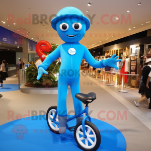 Sky Blue Unicyclist mascot costume character dressed with a One-Piece Swimsuit and Berets