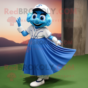 Blue Baseball Glove mascot costume character dressed with a Pleated Skirt and Shoe clips