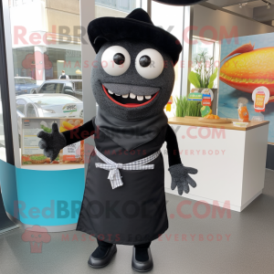 Black Fish Tacos mascot costume character dressed with a Dress Pants and Mittens