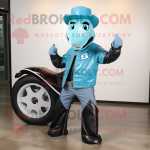 Cyan Horseshoe mascot costume character dressed with a Moto Jacket and Shoe clips
