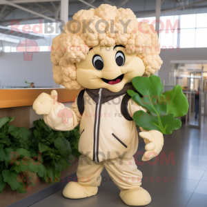 Tan Cauliflower mascot costume character dressed with a Leather Jacket and Wraps