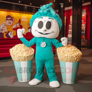 Teal Pop Corn mascot costume character dressed with a Yoga Pants and Coin purses