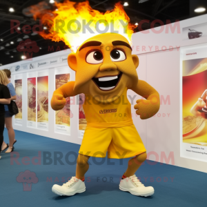 Gold Fire Eater mascot costume character dressed with a Running Shorts and Handbags