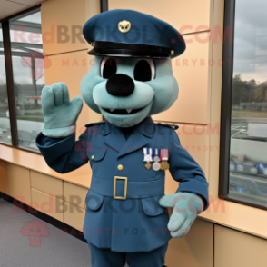 Teal Navy Soldier mascot costume character dressed with a Sheath Dress and Bow ties