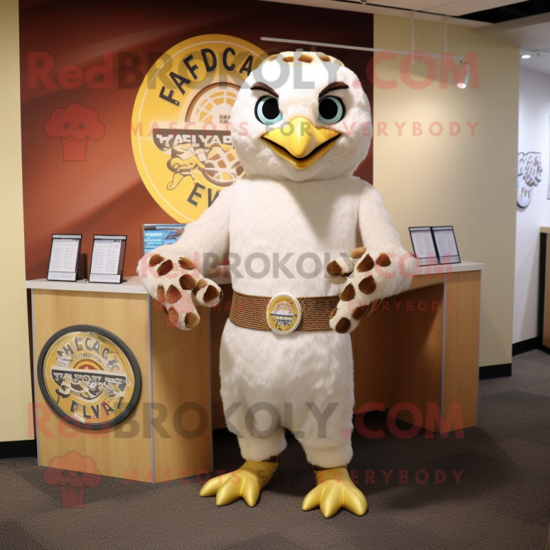 Cream Falcon mascot costume character dressed with a Henley Tee and Coin purses