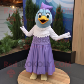 Lavender Dove mascot costume character dressed with a Maxi Skirt and Headbands