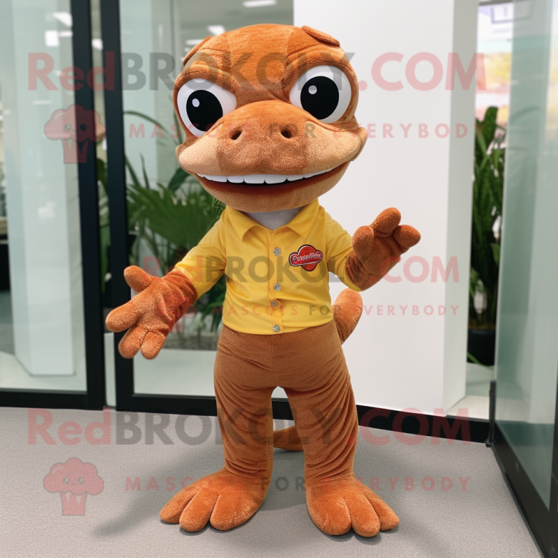Brown Geckos mascot costume character dressed with a Flare Jeans and Eyeglasses
