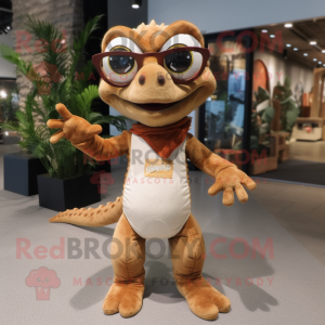 Brown Geckos mascot costume character dressed with a Flare Jeans and Eyeglasses
