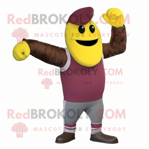 Maroon Banana mascot costume character dressed with a Tank Top and Gloves