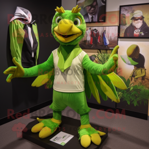 Lime Green Archeopteryx mascot costume character dressed with a Rugby Shirt and Shawl pins