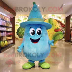 Teal Pear mascot costume character dressed with a Flare Jeans and Caps